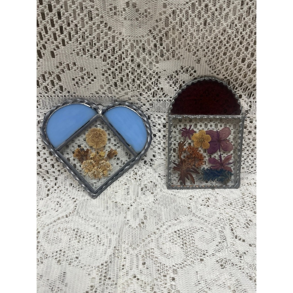 Pair of Vintage glass and metal suncatchers with pressed flowers